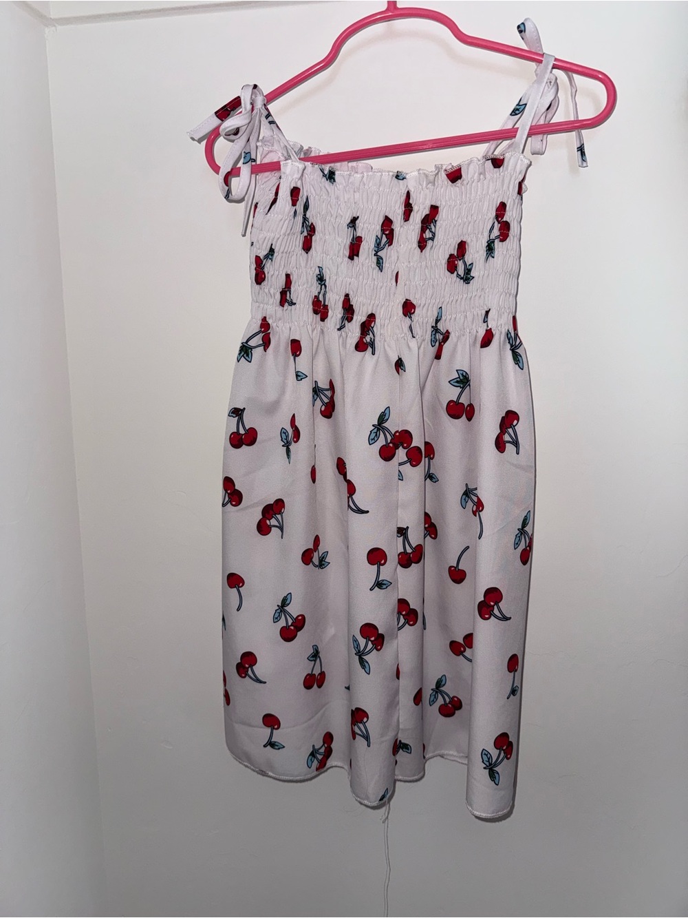 SHEIN White Sundress with Red Cherry Print and Tie Straps